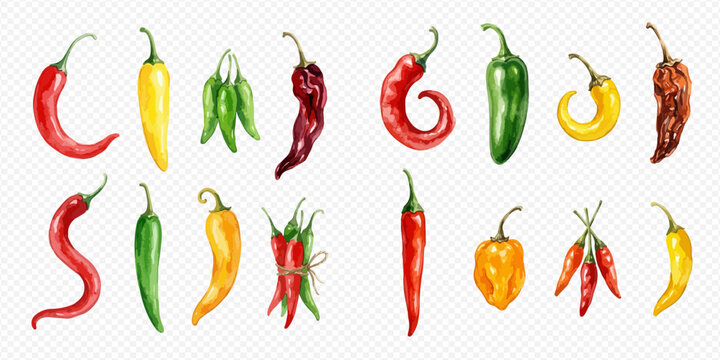 Vibrant watercolor illustration of various chili peppers, showcasing different shapes, colors, and spice levels, perfect for culinary and food-related designs.