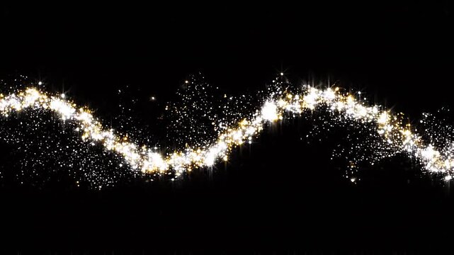 黒背景に眩しい光源が左から右へ波形を描いて走り抜け金色の星屑がキラキラと残る光のウェーブ動画