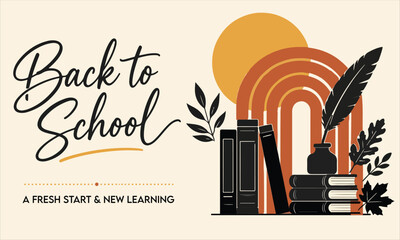 Obraz premium Boho back to school banner with books and quill, vintage academic background with rainbow and leaves, retro education vector illustration