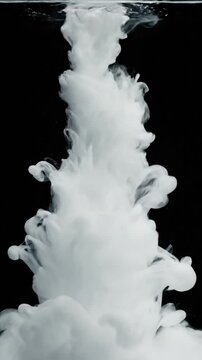 White ink swirls and billows in black water creating a dynamic smoke like abstract texture