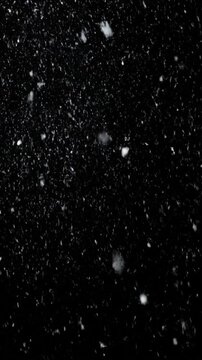 White snow falling gently against a pitch black background for winter overlay themes