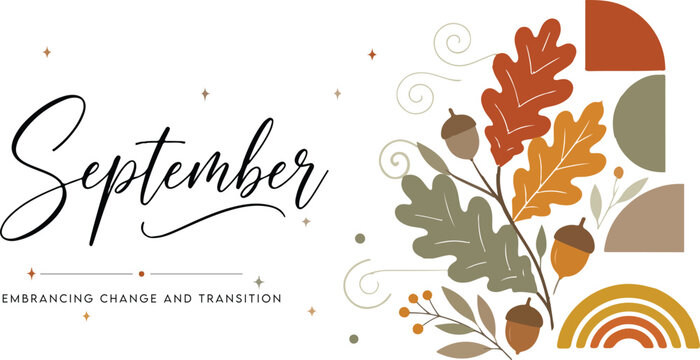 September autumn banner with maple leaves and geometric arches, seasonal transition background, minimalist fall vector illustration with script typography