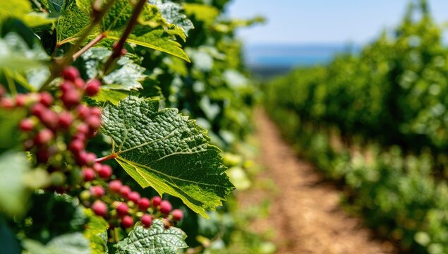 Close-up of unripe red berries on vines in a vineyard with rows receding