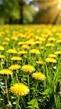 Yellow dandelion flowers and green grass swaying in a sunny park field during spring