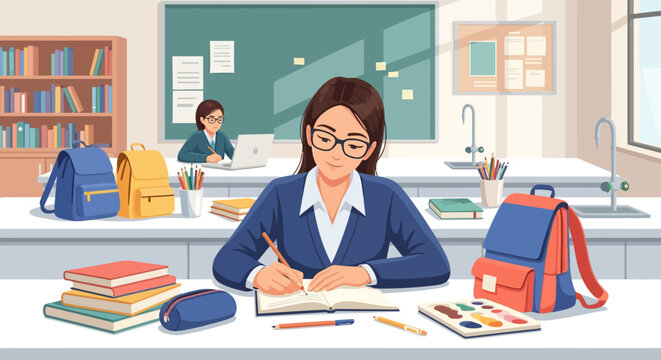 Teacher writing at desk in classroom with students.