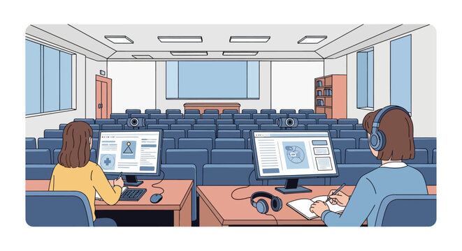 Students learning in a modern computer lab classroom setting.