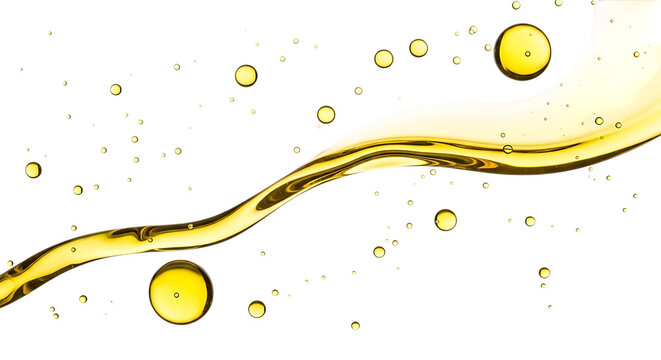 Golden liquid splash with dispersed droplets and swirling form on transparent background fluid yellow bubbles swirl flow