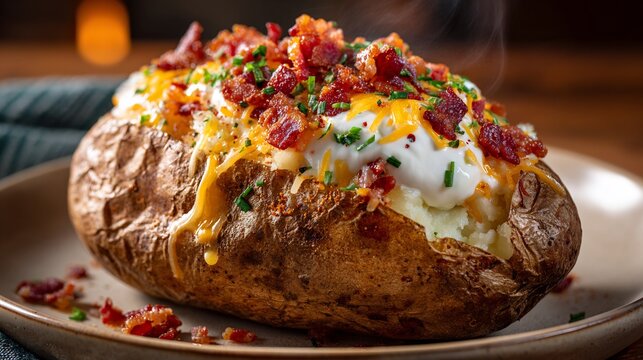 Loaded baked potato topped with melted cheddar cheese, cool sour cream, crispy bacon bits and fresh chives