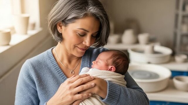 Mature woman with gray hair holding a newborn baby in a pottery studio, representing intergenerational love, creative lifestyle, and gentle care for a new life