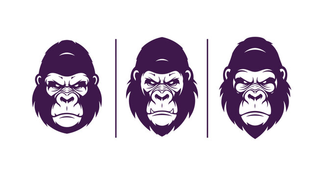 Three fierce gorilla head illustrations in purple.