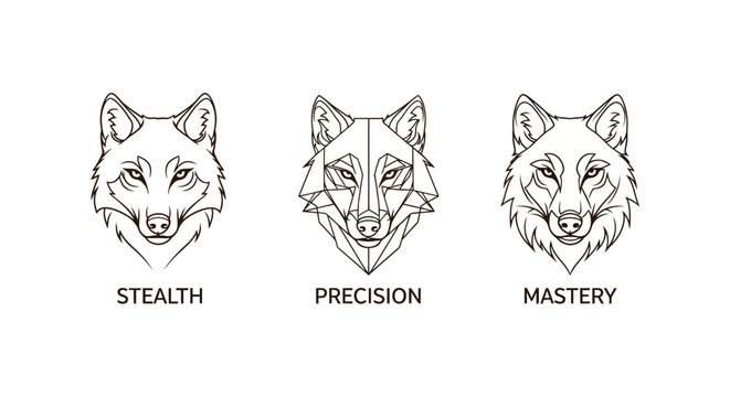 Three wolf heads with stealth precision mastery labels.