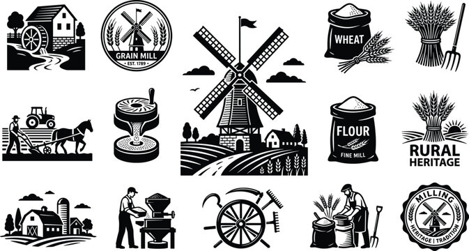Traditional windmill and flour milling agriculture icons set featuring black silhouettes of water mill wheat harvest farm barn sacks millstones and rural heritage vector isolated on white