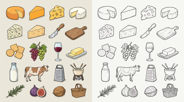 Collection of cheese and dairy products with related items like grapes, figs, and rosemary.