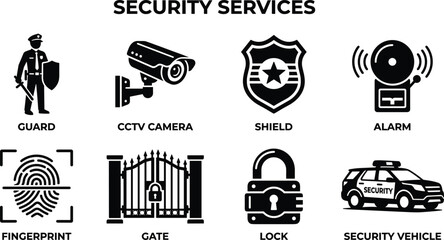 Security services and home protection icons set featuring black silhouettes of guard cctv camera shield badge alarm bell fingerprint scanner gate padlock and patrol car vector isolated on white © Rakib