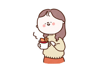 Obraz premium Woman feeling relieved holding a mug of steaming mulled wine with spices and orange, relaxing winter drink concept