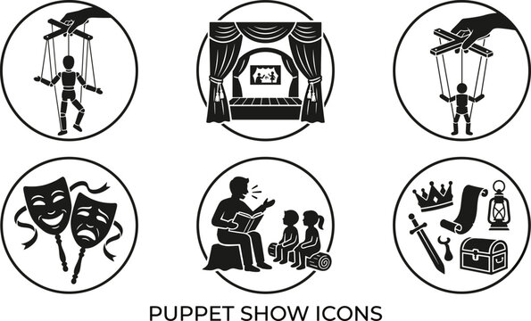 Puppet show and theater performance round icons set featuring black silhouettes of marionettes stage curtains drama masks storyteller and fairytale props vector isolated on white