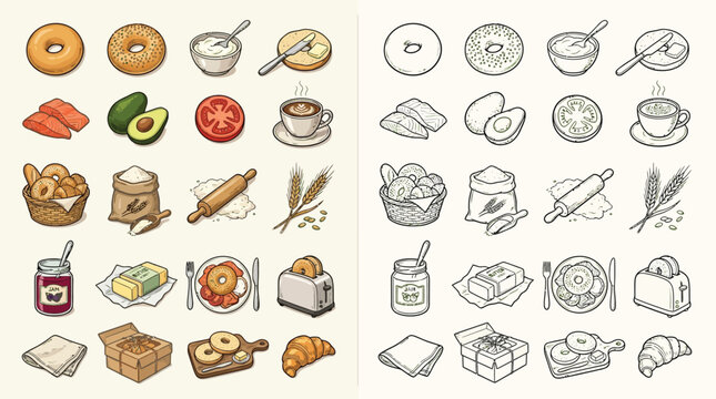 Collection of breakfast food icons, including bagels, coffee, jam, butter, and toast, presented in both color and outline styles.