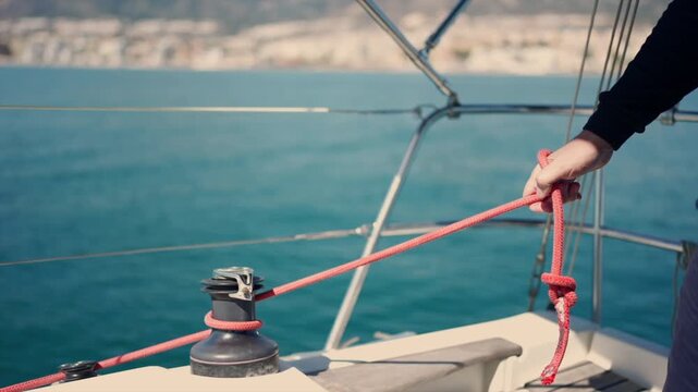 Sailor trimming sail with winch on yacht