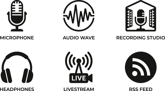 Podcast and audio broadcasting technology icons set featuring black silhouettes of microphone sound wave recording studio headphones livestream camera and rss feed isolated on white