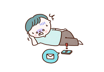 Fototapeta premium Man turning pale receiving a work email on his phone while relaxing, holiday work stress concept