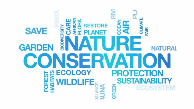 Nature conservation concept Animated Tag Word Cloud kinetic typography, Text Design Animation typography seamless loop video motion graphics Intro Wordart arrangement blue type on white background bg