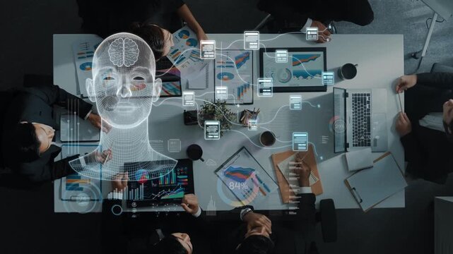 A captivating overhead view of professionals engaged in a collaborative meeting with futuristic digital interfaces and data analysis charts, highlighting teamwork in strategy development. Raster