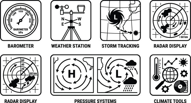 Meteorology and weather forecasting science icons set featuring black silhouettes of barometer weather station storm tracking radar display pressure systems vector isolated on white
