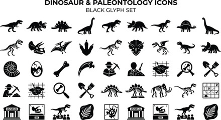 Dinosaur and paleontology prehistoric archaeology icons set featuring black silhouettes of tyrannosaurus triceratops fossils skeleton egg ammonite paleontologist museum and dig tools vector  © Rakib