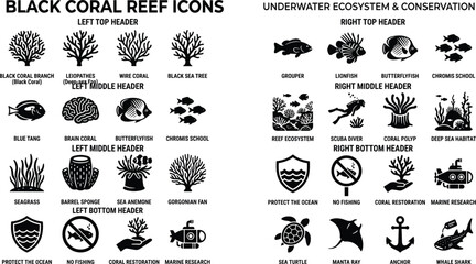 Coral reef and underwater ecosystem conservation icons set featuring black silhouettes of marine life sea turtle manta ray shark diver corals and eco protection symbols vector isolated on white © Rakib