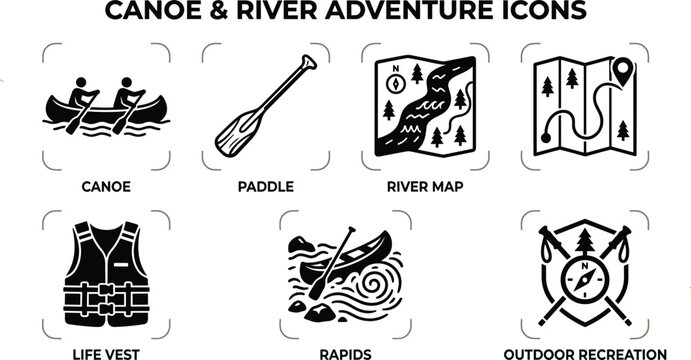 Canoe and river adventure icons set featuring black silhouettes of people canoeing paddle navigation route maps life vest rushing rapids and outdoor recreation badges isolated on white