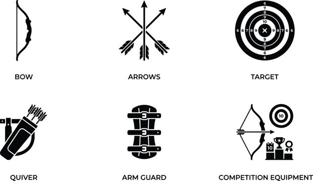 Archery sport and competition gear icons set featuring black silhouettes of bow crossed arrows bullseye target quiver arm guard trophy and podium vector isolated on white