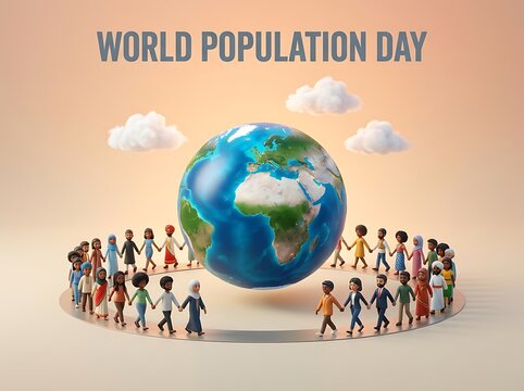 Diverse group of cartoon people holding hands around a globe celebrating world population day together