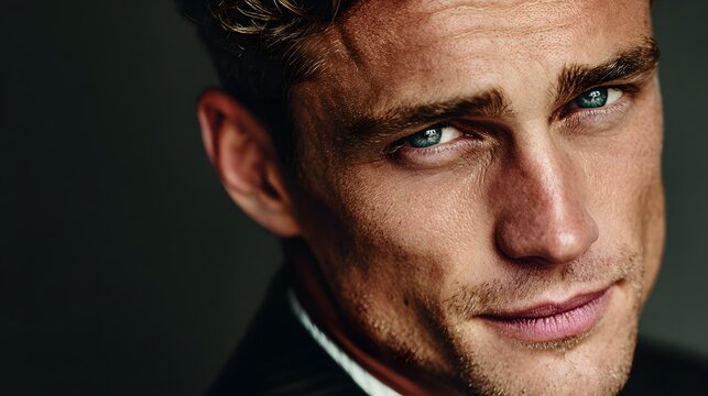 Close up portrait of a confident man with striking blue eyes looking forward on dark studio backdrop.