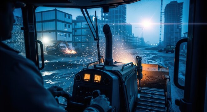 View From Bulldozer Cab At Construction Site Under Blue Hour Skies