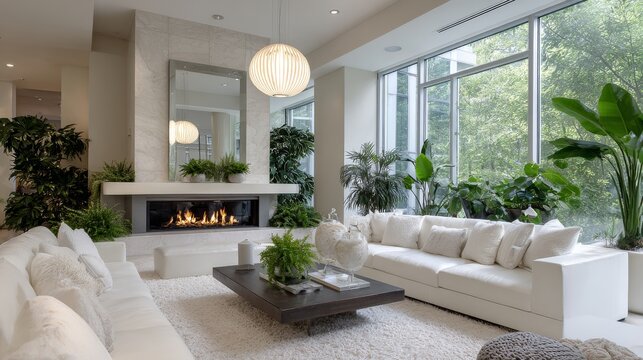Modern luxury living room with white sofas, contemporary fireplace and warm glowing flames, elegant ceiling lighting, large floor to ceiling windows overlooking lush green plants, sophisticated interi