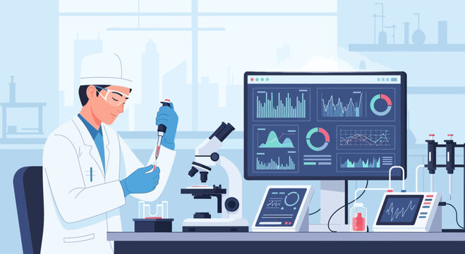 Scientist working in laboratory with microscope and computer dashboard