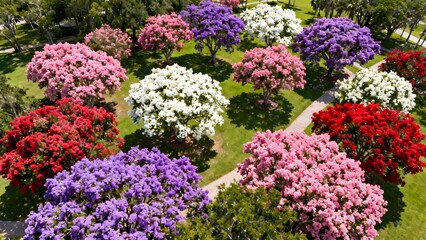 Obraz premium Aerial drone view of a landscaped park filled with blooming crape myrtle trees, vibrant pink, purple, white, and red flower