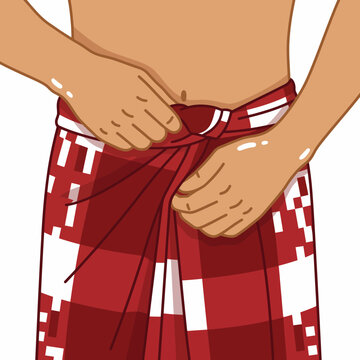Illustration of a man tying a red checkered traditional sarong around his waist