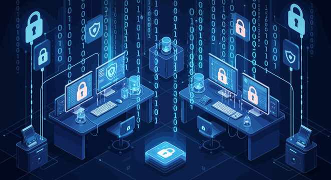Cybersecurity concept with digital locks and binary code.