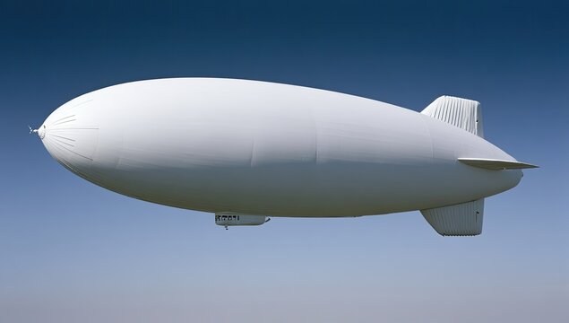A white blimp floats serenely against a clear blue sky