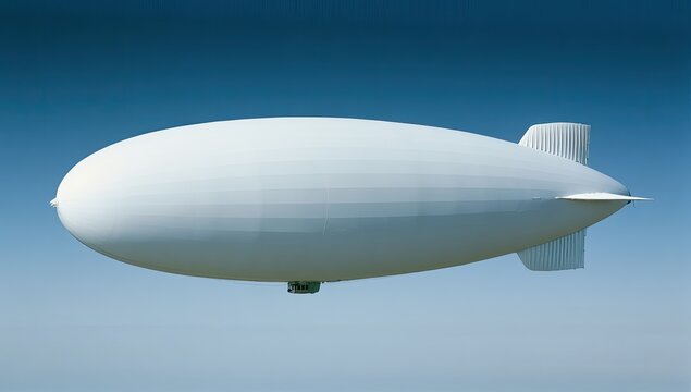 A stark white, modern blimp floats serenely in a clear blue sky