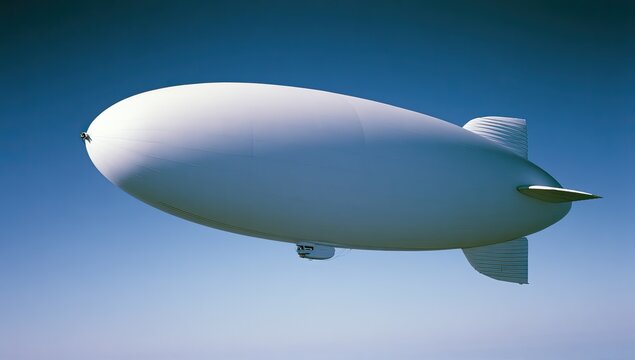 Sleek white airship drifts serenely across a clear blue sky