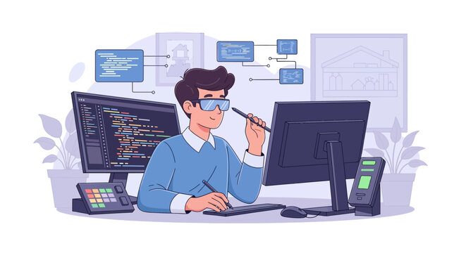 Programmer wearing glasses working on computer code at desk.