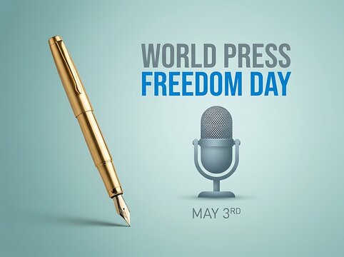 World press freedom day celebration concept with golden pen and microphone illustration for may third