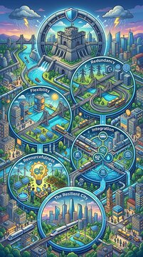Resilient city infrastructure concept with urban planning and energy