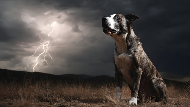 A brindle dog sits stoically in a vast, dry field, observing a brilliant lightning bolt illuminate the dramatic, dark storm clouds above, capturing a powerful natural spectacle