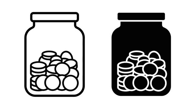 Illustration of two jars filled with coins in black and white.