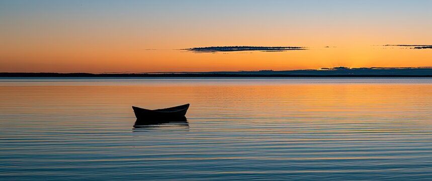 Lone, silhouetted rowboat floats on calm water at sunset