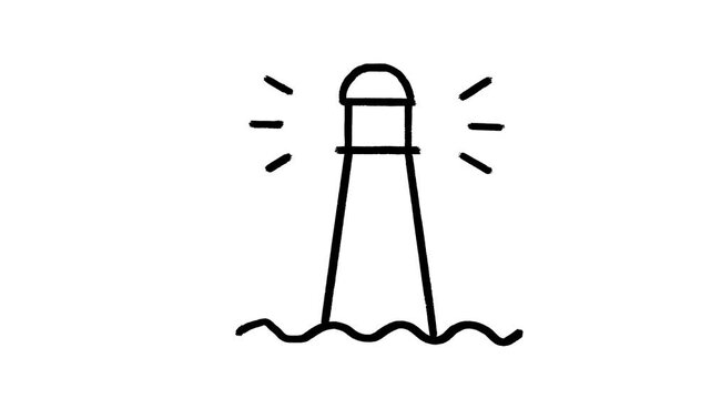 Lighthouse hand drawn animation, ocean beacon animated illustration, marine navigation tower motion design, sea light building, doodle sketch line elements