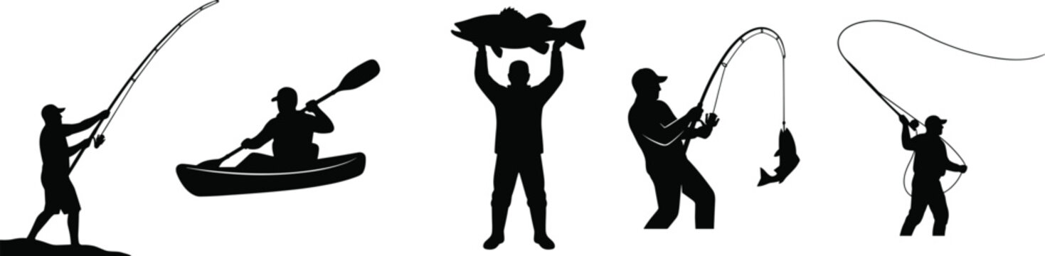 Black silhouette collection of fishing activities and anglers with rods, kayak, and catch